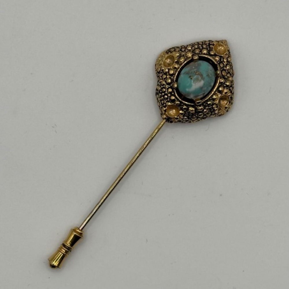 Vintage Sarah Coventry Faux Turquoise Gold Tone Textured Stick Pin Lapel Brooch